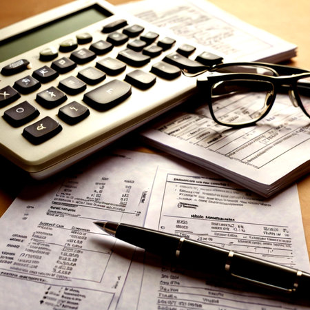 Tax form with calculator and eyeglasses on the table. Accounting