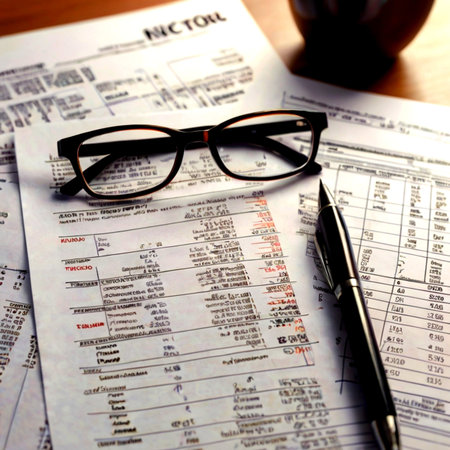 Tax form with pen and glasses on wooden table, close-up