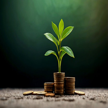Investment concept, Coins stack with green plant on dark background.