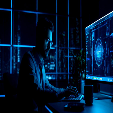 Portrait of a person using a computer in a dark room at night