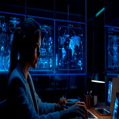 Young businesswoman working at night in dark office using computer and mobile phone.