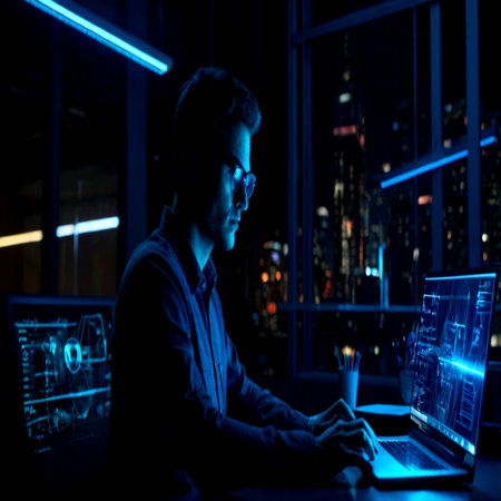 Young man working on computer at night in dark office. The designer works in the later time.