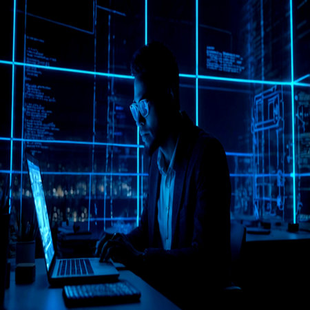 Portrait of a hacker in a dark room with blue neon lights