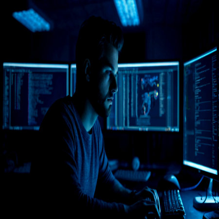 Handsome young hacker in dark room using computer to steal information