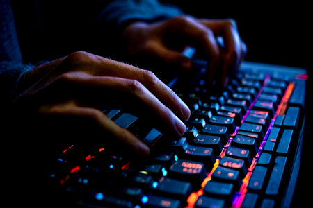Hacker stealing information on computer keyboard at night. Cybercrime concept