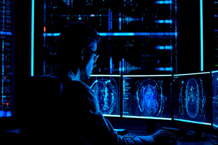 Side view of person in eyeglasses using computer in server room at night