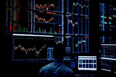 Back view of a trader looking at stock exchange data on a computer monitor
