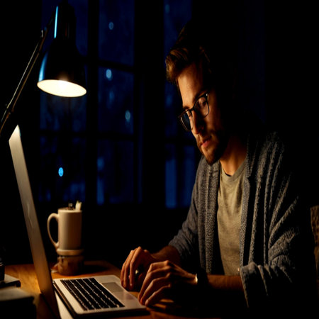 Young man working late at night in front of a computer at home