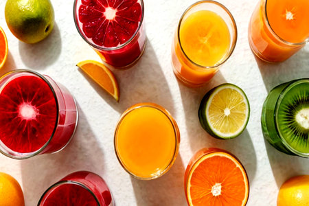 Variety of fresh juices in glasses on light background, top view