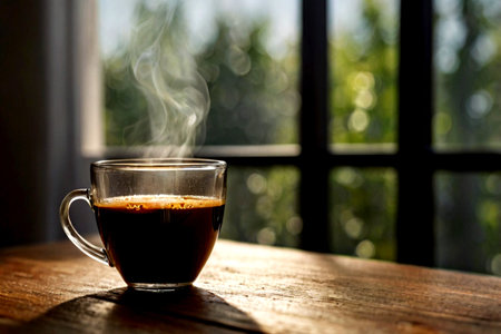 Cup of coffee on a wooden table in front of a windowの写真素材
