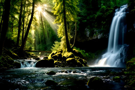 Beautiful waterfall in the forest with sunbeams and lens flare