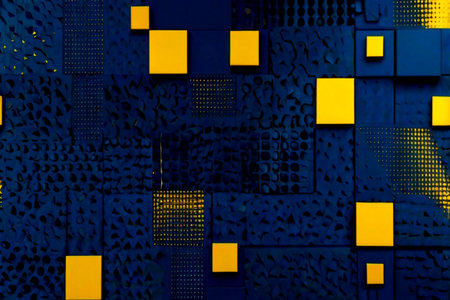 abstract background with blue and yellow squares and holes in the wall