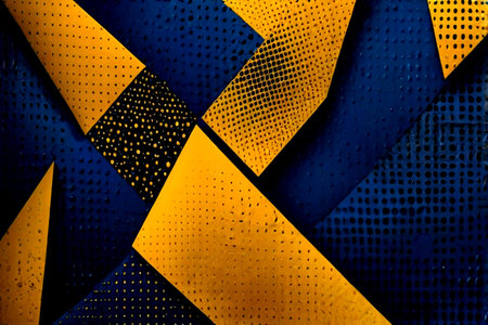 abstract background with yellow and blue triangle pattern on black metal surface