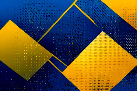 abstract background with yellow and blue geometric shapes on a metal surface