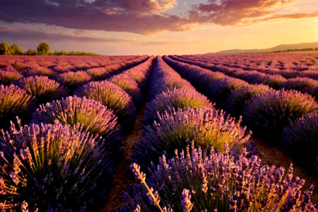 Sunset over lavender field in Provence, France.