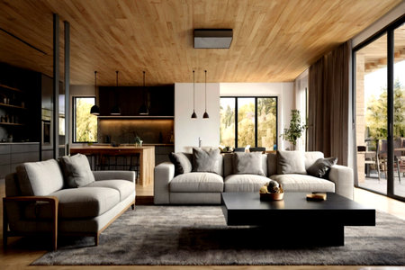 Interior of a modern living room with a large sofa and a coffee table