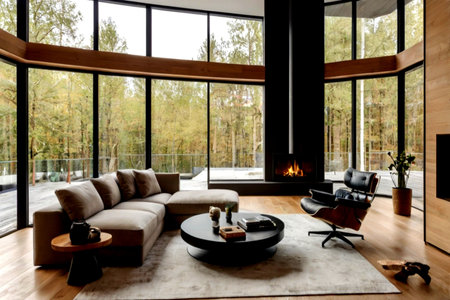Interior of modern living room with wooden walls, large windows and fireplace