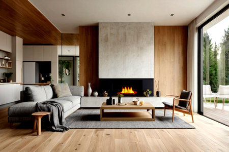 interior of modern house, living room with fireplace and wooden floor