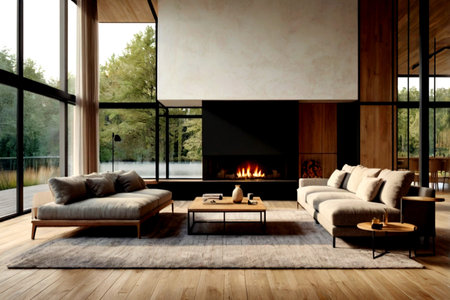 Modern bright interiors 3D rendering illustration. Living room with fireplace