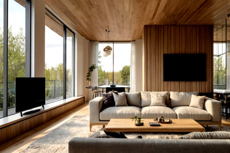 Interior of modern living room with wooden walls, comfortable sofa and coffee table