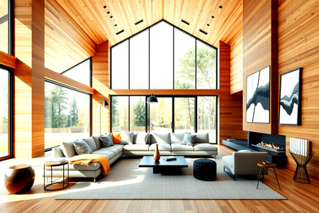 Interior of modern living room with wooden walls, wooden floor, panoramic window and living room. 3d...