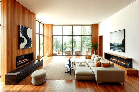 Interior of modern living room with fireplace, sofa and coffee table