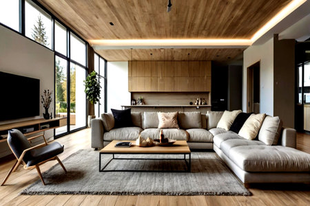 interior of modern house, living room, living room and kitchen