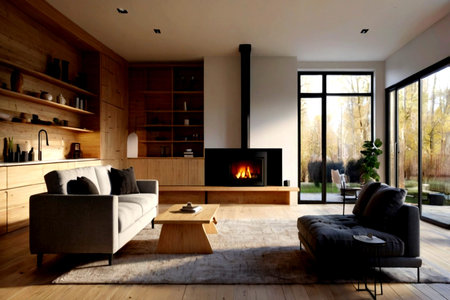 interior of modern house, living room with fireplace and black sofa
