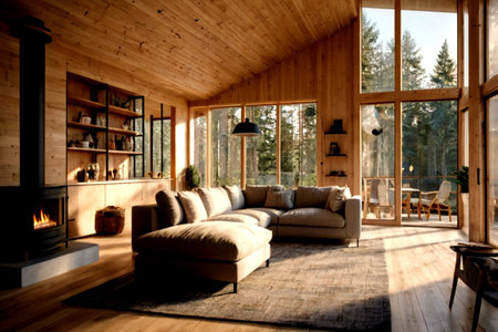 interior of modern wooden house, living room with fireplace and sofa