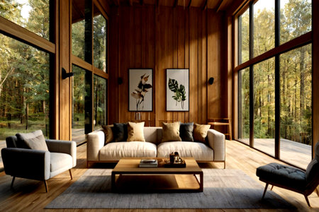 Interior of modern living room with wooden wall, 3d render