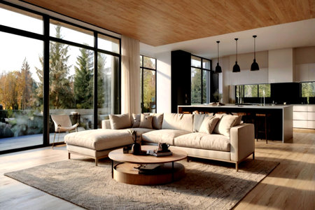 modern bright interiors living room 3D rendering illustration computer generated image