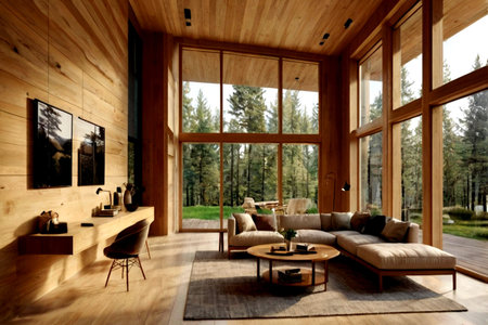 Interior of modern house, living room with wooden walls, panoramic window and terrace