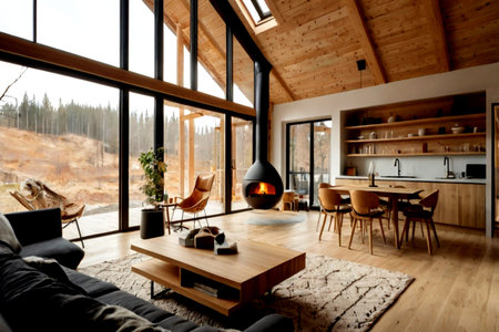 interior of modern bright cozy living room with fireplace, wooden floor and big window