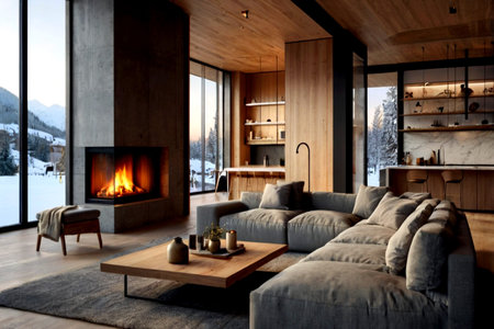 Interior of a modern living room with a fireplace and a cozy sofaの写真素材