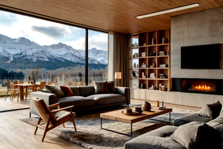 Interior of a modern living room with panoramic mountains view