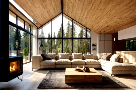 interior of modern house, living room with wooden floor and fireplaceの写真素材