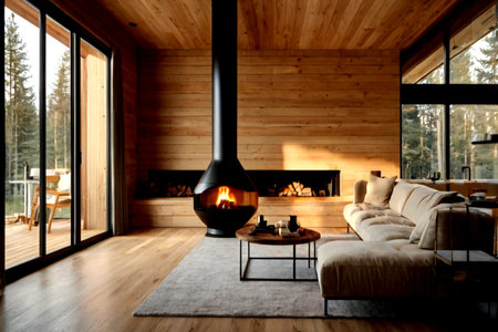Interior of modern wooden house, living room with fireplace and sofa