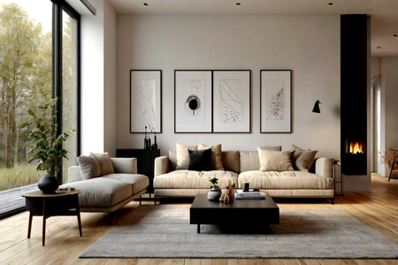 Modern living room interior design 3d render illustration mockup. Living room with sofa and coffee...