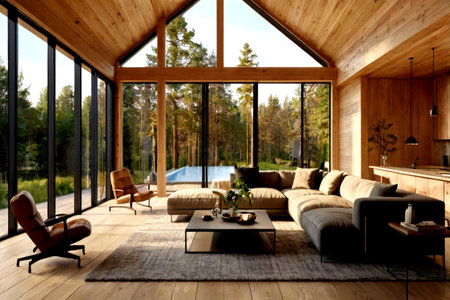Modern bright interiors 3D rendering illustration of living room with wooden floor