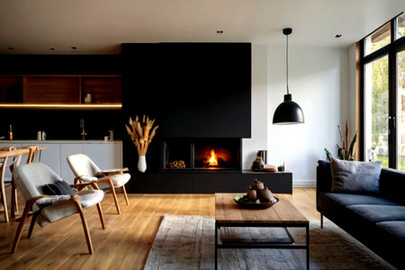 interior of modern house, living room with fireplace and wooden floor