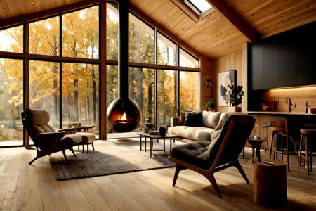 Interior of modern living room with fireplace, armchair and wooden furniture