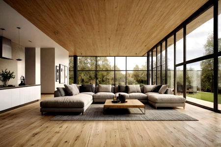 Interior of modern living room with wooden walls, wooden floor and comfortable sofa