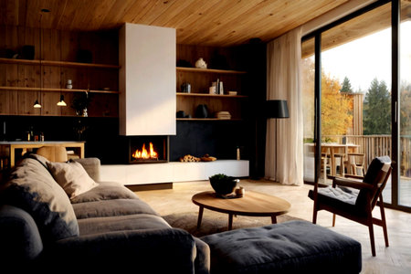 interior of modern wooden house, living room with fireplace and sofaの写真素材