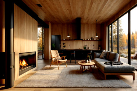 Interior of modern cozy living room with fireplace and wooden walls. 3d rendering