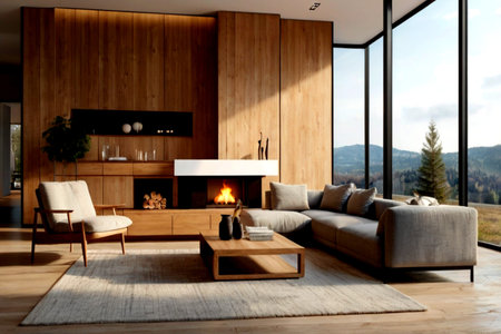 Luxury living room interior with fireplace and armchairs. 3d rendering