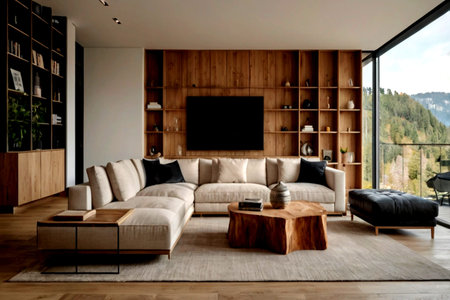 interior of modern house, living room with sofa and bookcase