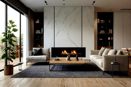 Modern living room interior with fireplace and wooden floor. 3d rendering
