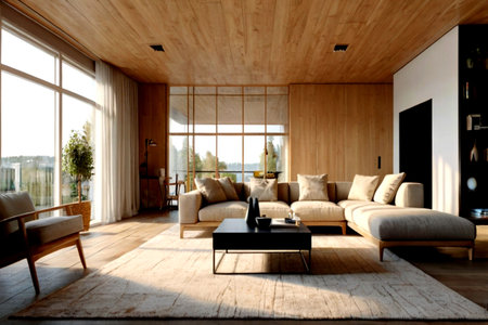 Interior of modern living room with wooden walls, panoramic window and fireplace