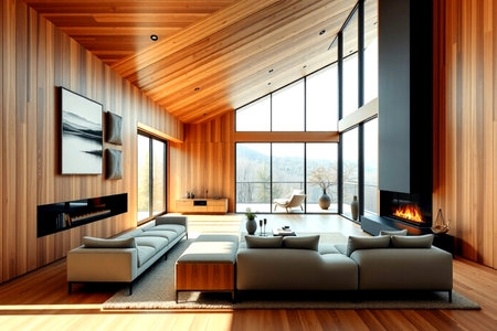 Interior of modern living room with wooden wall, sofa and fireplaceの写真素材