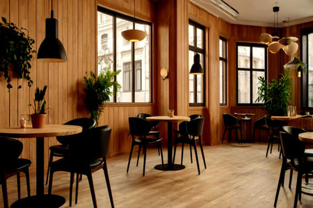 Interior of modern cafe with wooden walls, wooden floor and black chairs